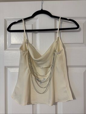 Express Cream Cowl Neck Tank with Silver Chain Detail